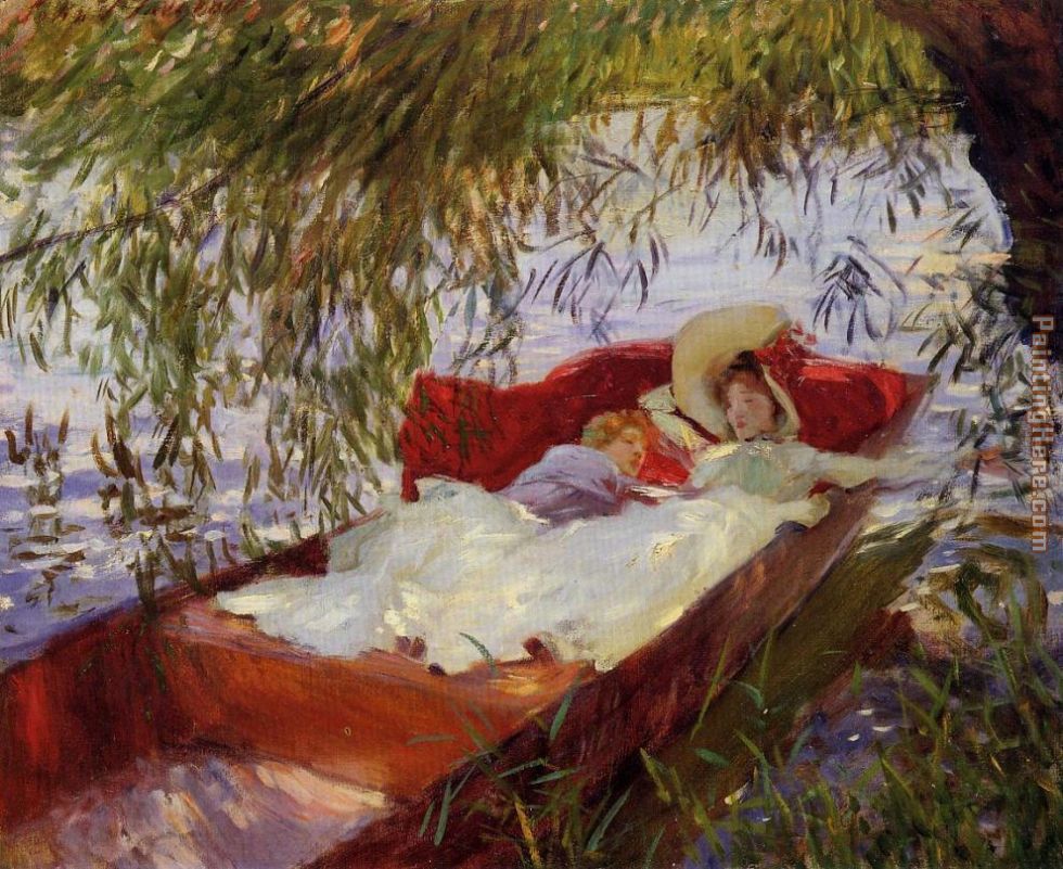 Two Women Asleep in a Punt under the Willows painting - John Singer Sargent Two Women Asleep in a Punt under the Willows art painting